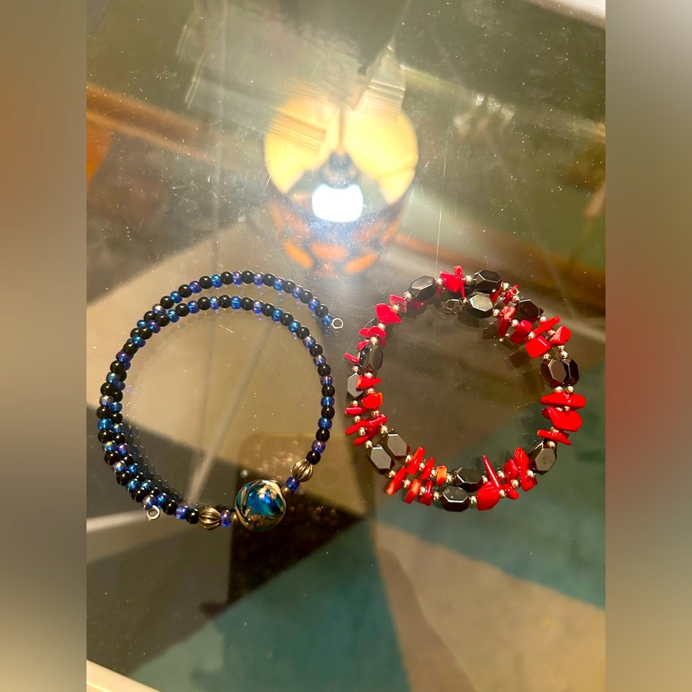 Hand Crafted Red and Blue Beaded Bracelet Set